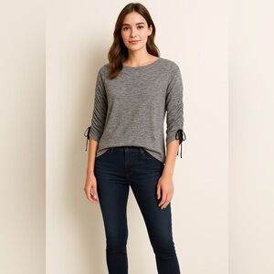 👚 LOFT Heather Gray Ruched Sleeve Knit Top | Women’s Size S